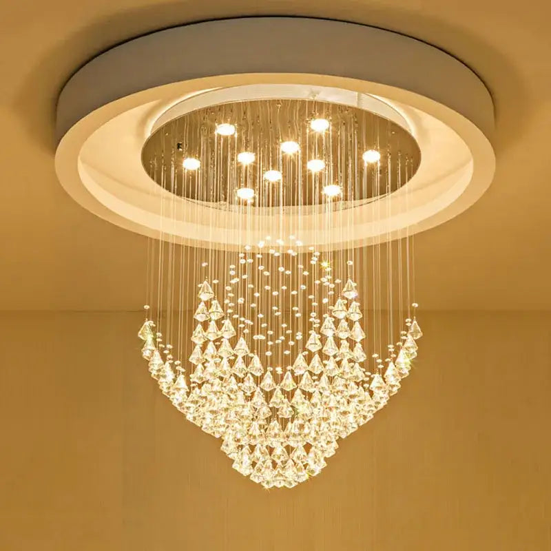 Luxurious white diamond crystal chandelier with cascading clear faceted crystals for elegant living room lighting