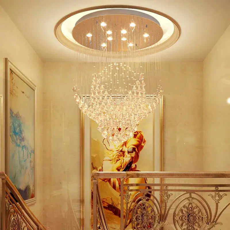 A luxurious white diamond crystal chandelier with cascading clear faceted crystals for living room lighting