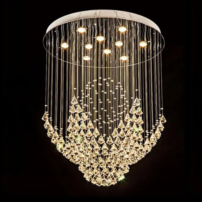 Luxurious white diamond crystal chandelier with sleek circular frame and cascading clear and golden crystals for living room lighting
