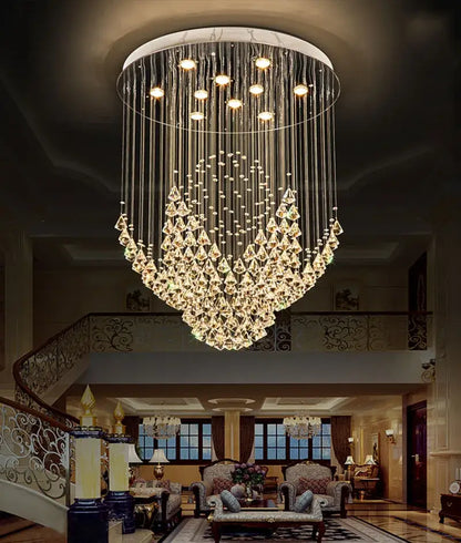 Luxurious white diamond crystal chandelier with circular frame and cascading glass prisms for living room lighting
