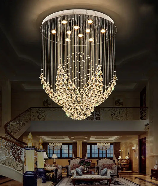 Luxurious white diamond crystal chandelier with circular frame and cascading glass prisms for living room lighting