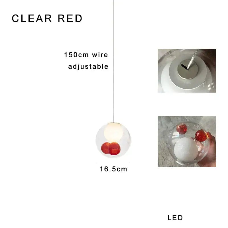 Luxury amber clear glass pendant light with red spherical globe and adjustable 150cm wire for dining room decorbites