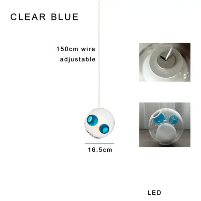 Luxury amber glass sphere pendant light with clear glass pendant and two blue accents on adjustable 150cm wire