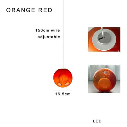 Luxury amber glass clear glass pendant light with orange red spherical led and adjustable 150cm wire suspension