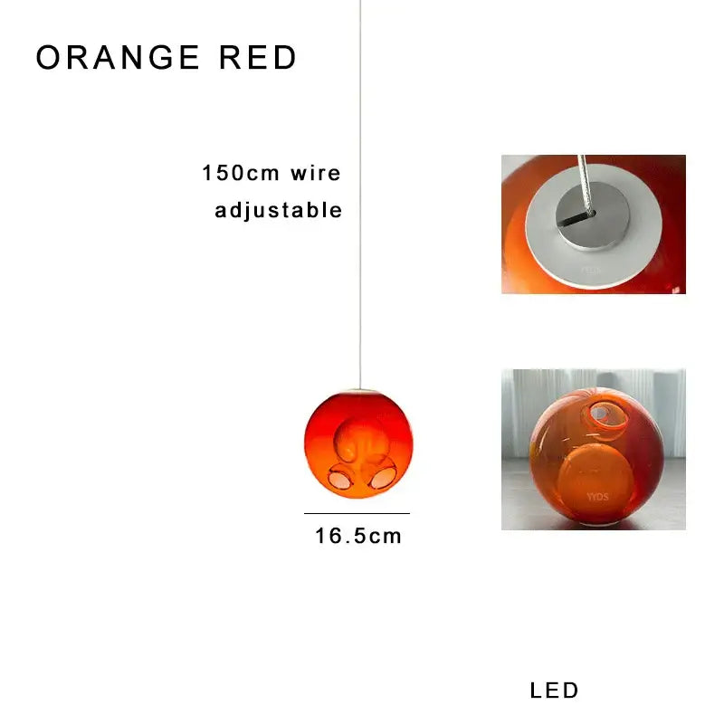Luxury amber glass clear glass pendant light with orange red spherical led and adjustable 150cm wire suspension
