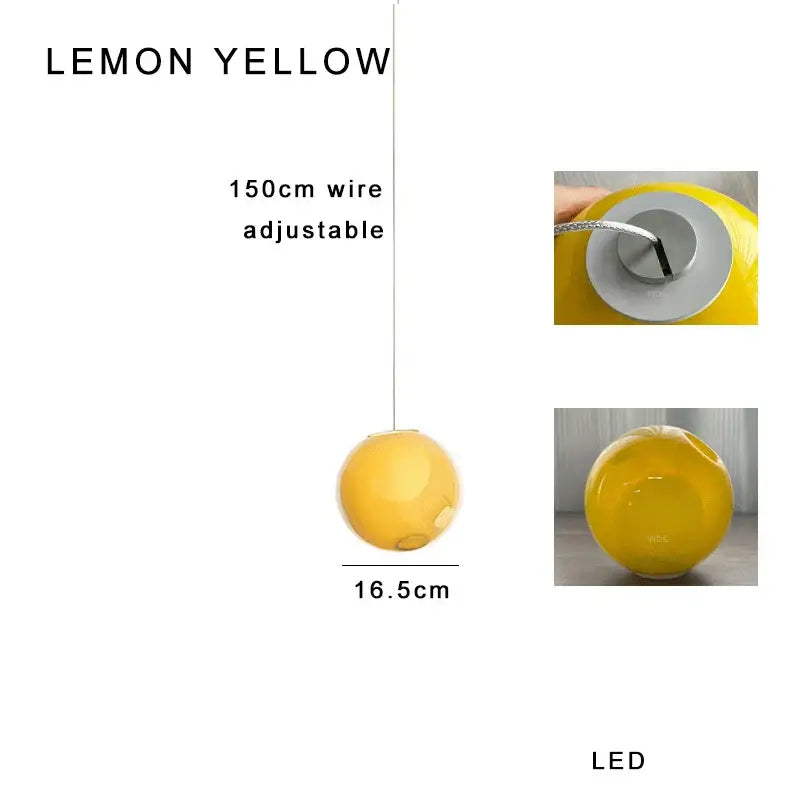 Luxury amber glass sphere pendant light with lemon yellow clear glass globe 16.5cm diameter and 150cm adjustable wire