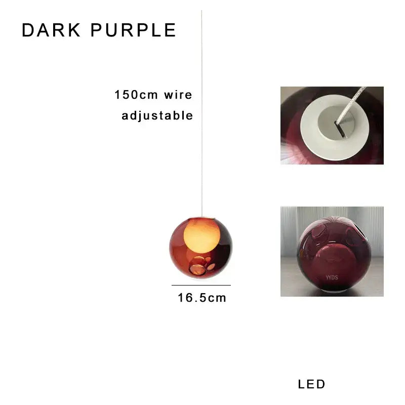 Luxury amber glass spherical pendant light in dark purple with adjustable wire for dining room decorbites clear glass use