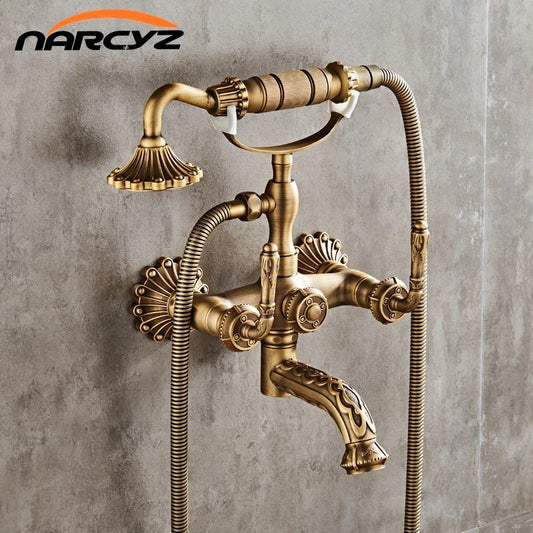 Luxury antique brass wall mounted shower faucet set with vintage style fluted detailing and two flexible hoses