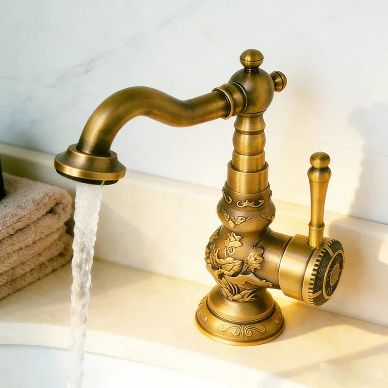 Luxury antique bronze copper deck mounted kitchen faucet with ornate floral carving single hole mixer for hot and cold water