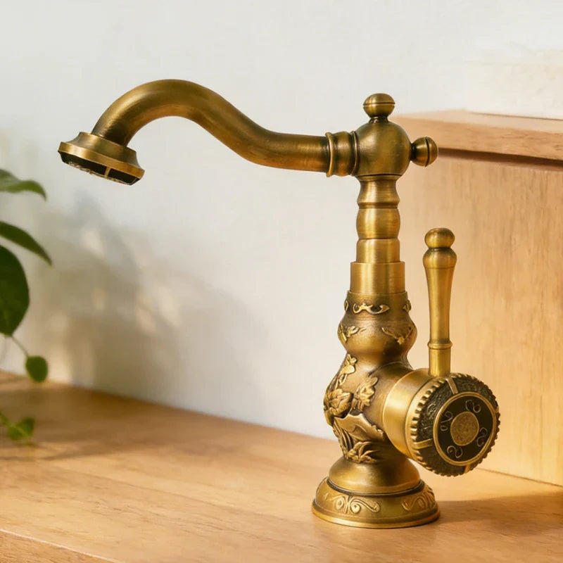 Luxury antique bronze copper single hole kitchen faucet with ornate floral brass housing material for hot and cold water
