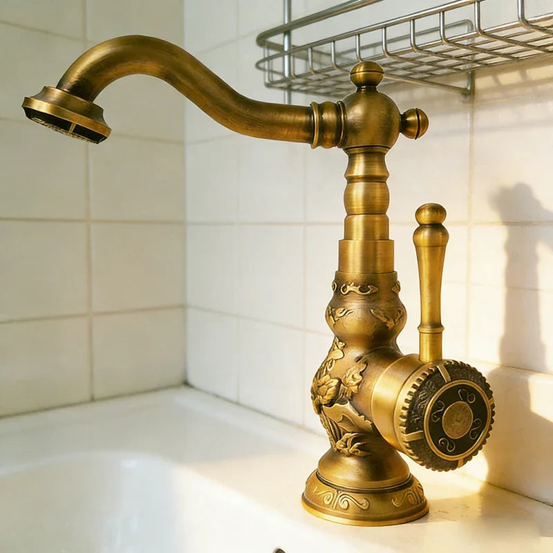 Luxury antique bronze copper single hole deck mounted bathroom faucet with ornate floral cold water mixer tap