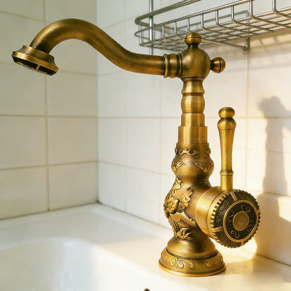 Luxury antique bronze copper single hole deck mounted bathroom faucet with ornate floral cold water mixer tap