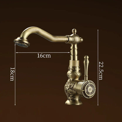 Luxury antique bronze copper single hole kitchen faucet with ornate floral detailing and curved spout for cold water use