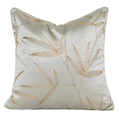 Luxury beige pillow cover with cream satin fabric and gold embroidered bamboo leaf pattern for decorbites gold quatrefoil decor