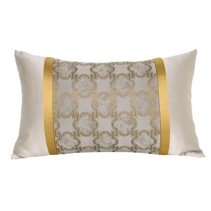 Rectangular luxury beige pillow cover with gold quatrefoil geometric pattern and gold satin stripes for decorbites decor