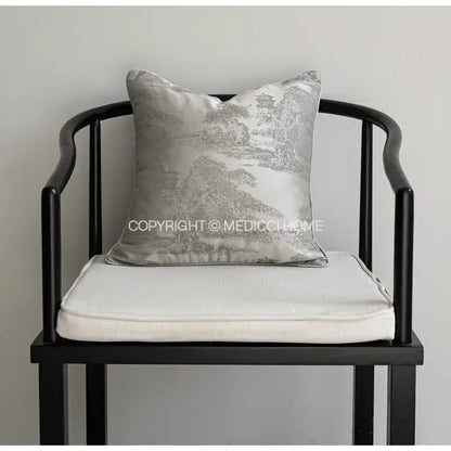Luxury silver-toned pillow cover with embroidered traditional chinese design and decorbites gold quatrefoil geometric accents