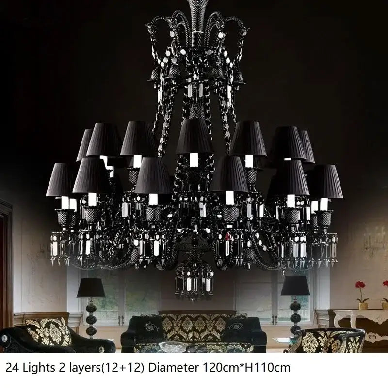 Elegant decorbites black crystal chandelier with 24 lights and two tiers of ornate crystal and fabric shades for dining room decor