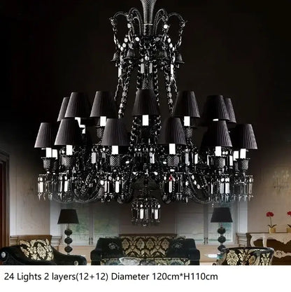Elegant decorbites black crystal chandelier with 24 lights and two tiers of ornate crystal and fabric shades for dining room decor