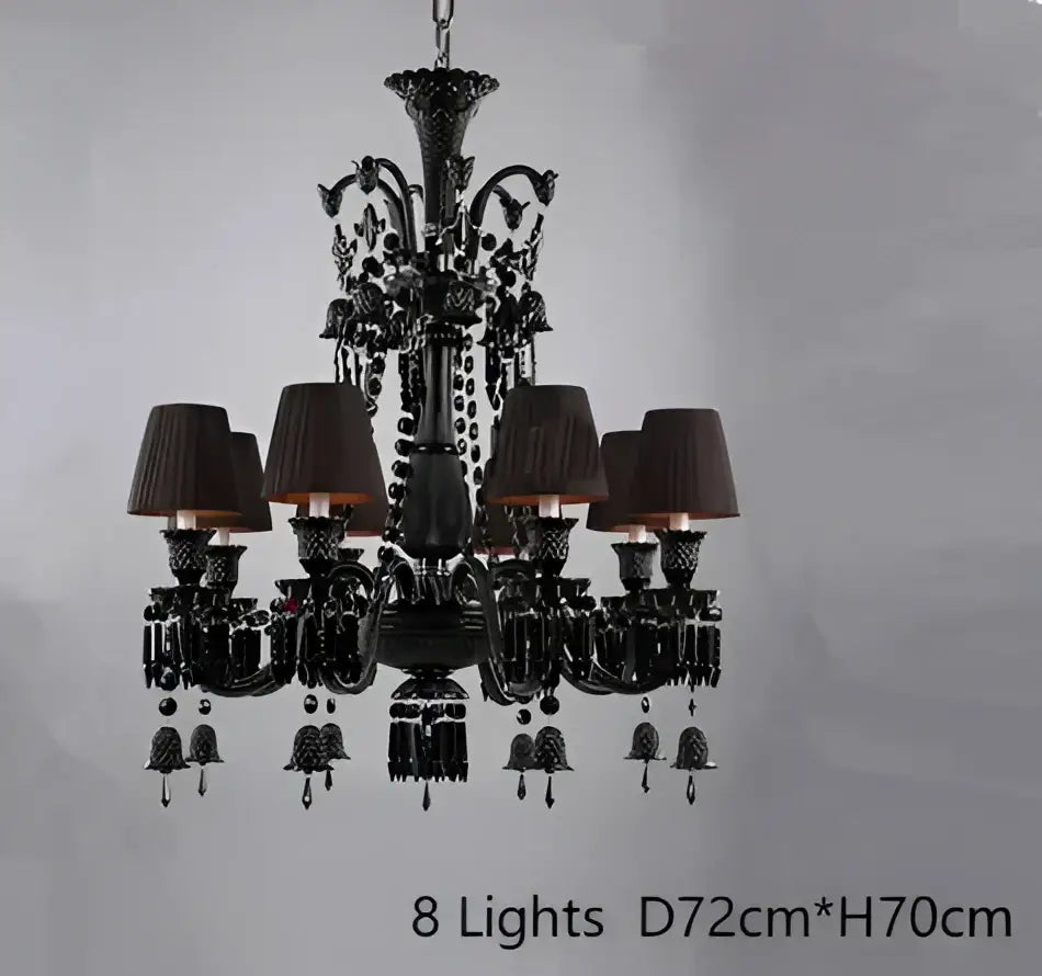 Luxury black crystal chandelier by decorbites with eight dark brown lampshades and crystal accents for dining room decor