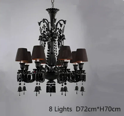 Luxury black crystal chandelier by decorbites with eight dark brown lampshades and crystal accents for dining room decor