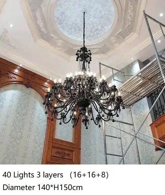 Luxury black crystal chandelier with 40 lights and crystal droplets by decorbites black for dining room decor
