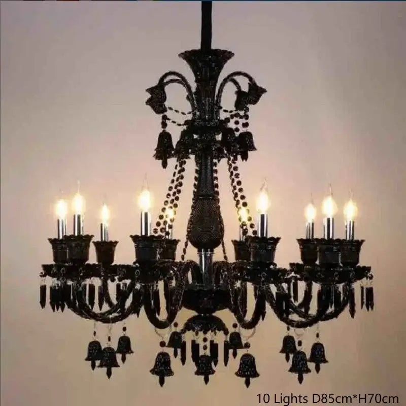 Elegant decorbites black crystal chandelier with ten candle-style lights and intricate bell-shaped crystal accents for dining room decor