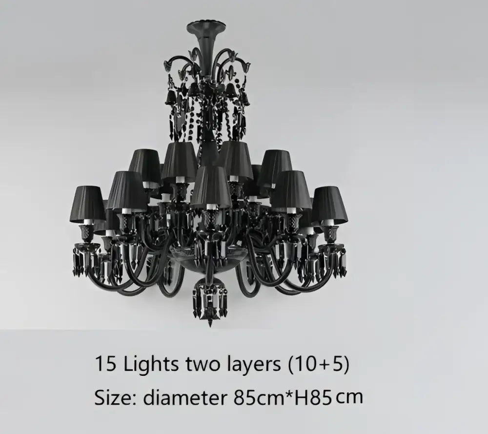 Luxury black crystal chandelier with 15 candle style lights and ornate metalwork by Decorbites black crystal