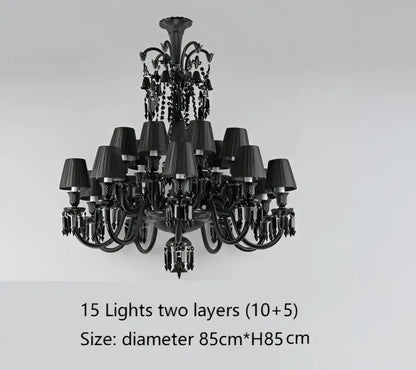 Luxury black crystal chandelier with 15 candle style lights and ornate metalwork by Decorbites black crystal