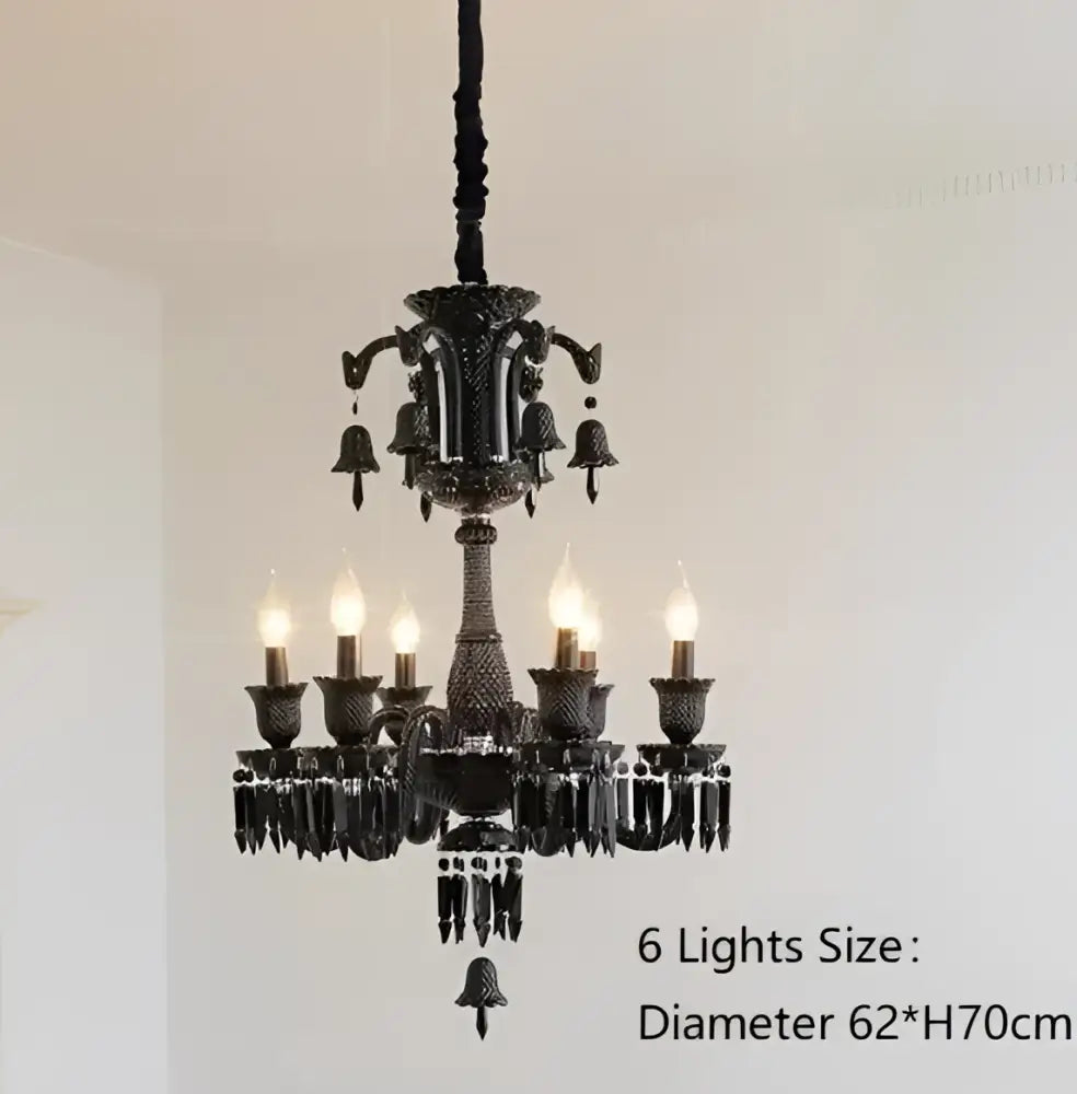 Luxury decorbites black crystal chandelier with six candle style bulbs and dangling crystal accents for dining room lighting