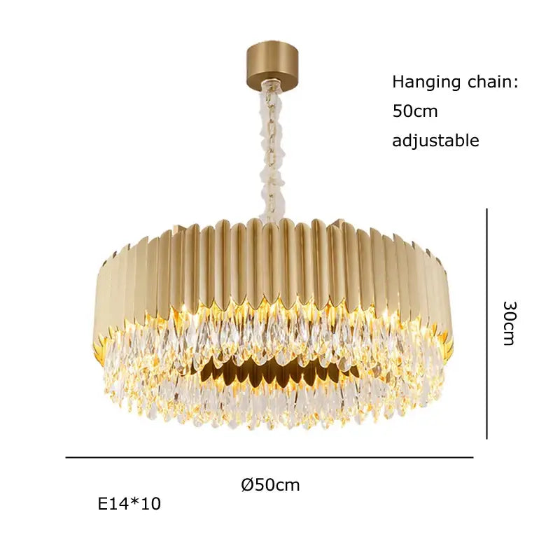 Luxury black crystal pendant lights featuring a gold-toned circular chandelier with vertical metallic slats and clear crystal droplets