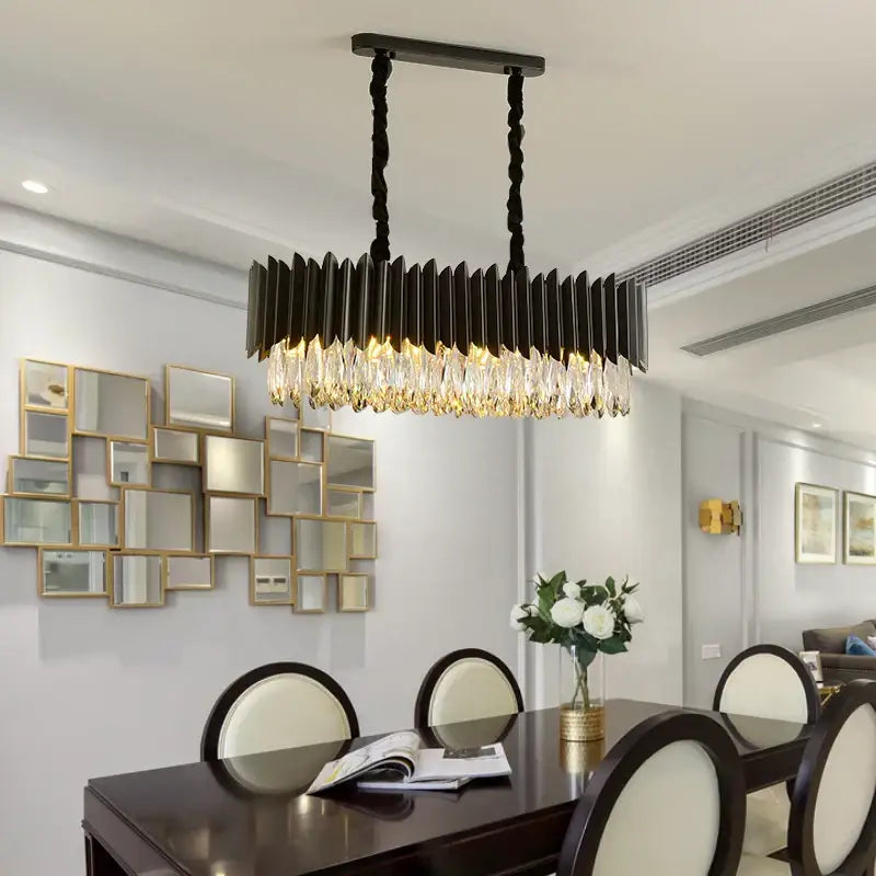 Luxury black metal chandelier with cascading crystal droplets for elegant dining room decorbites black crystal pendant lights