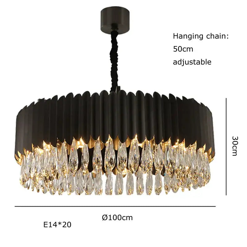 Luxury black metal chandelier with circular frame and dangling crystal teardrops perfect for decorbites black crystal ceiling pendant lights