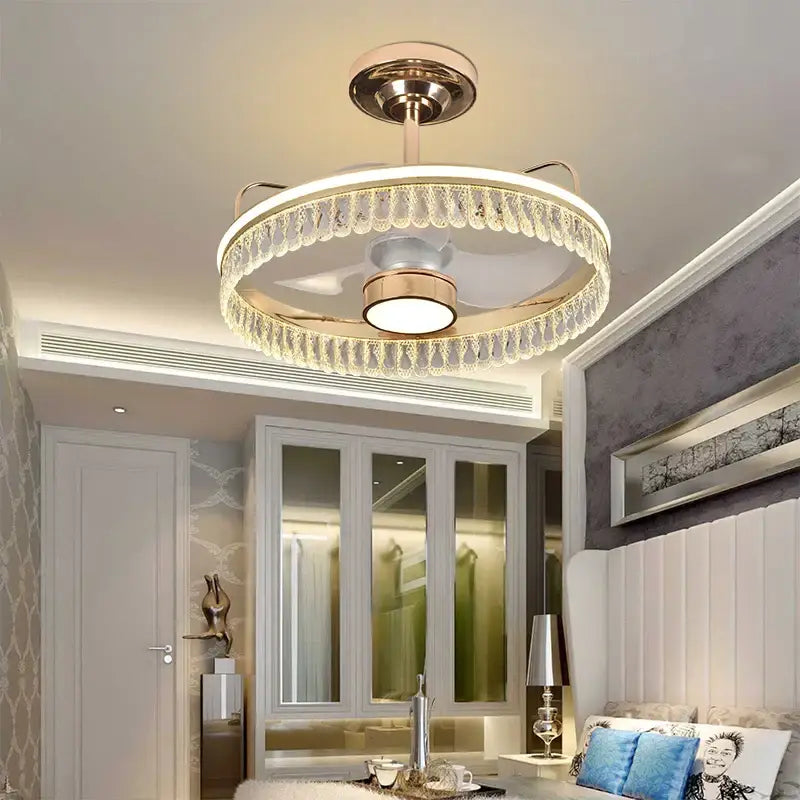 Luxury black and gold crystal ceiling fan chandelier with gold metal frame and crystal beads for bedroom lighting