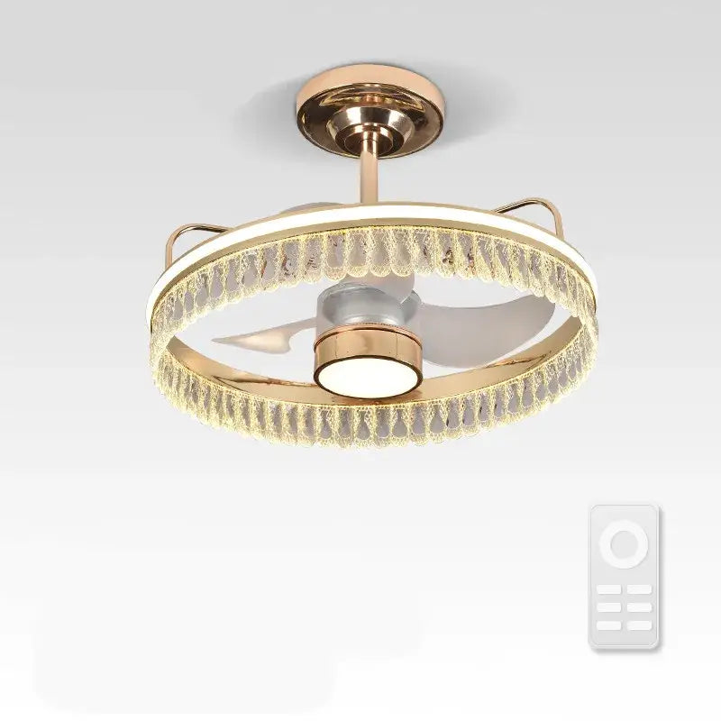 Luxury black and gold crystal ceiling fan chandelier with integrated led lighting and decorative crystal ring for bedroom