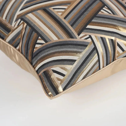 A luxury black and gold geometric jacquard cushion cover with metallic stripes for living room decorbites jacquard high-end decor
