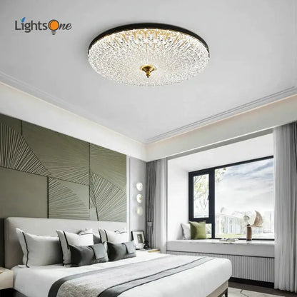 Luxury black and gold glass round ceiling lamp with intricate crystalline design for bedroom lighting