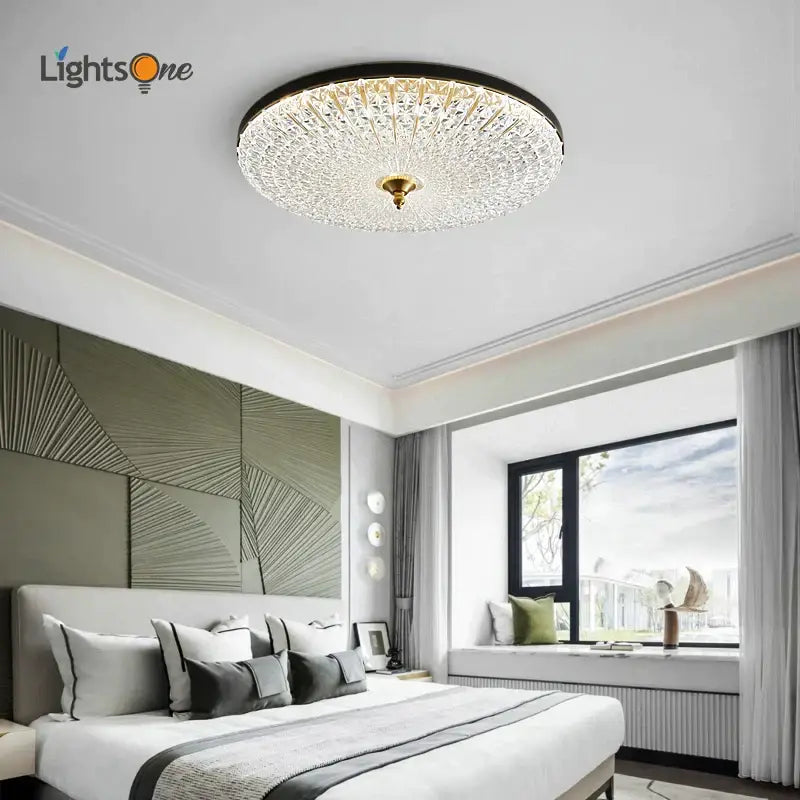 Luxury black and gold glass round ceiling lamp with intricate crystalline design for bedroom lighting