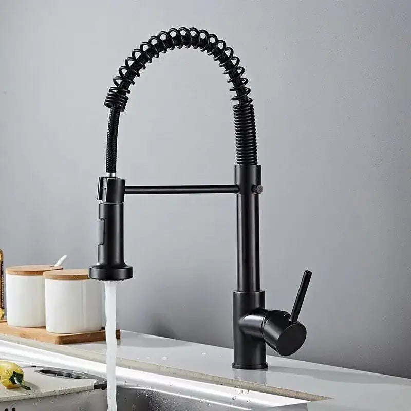 Black matte-finish decorbites black kitchen faucet with pull-down spray head and flexible coiled hose for gold kitchen decor
