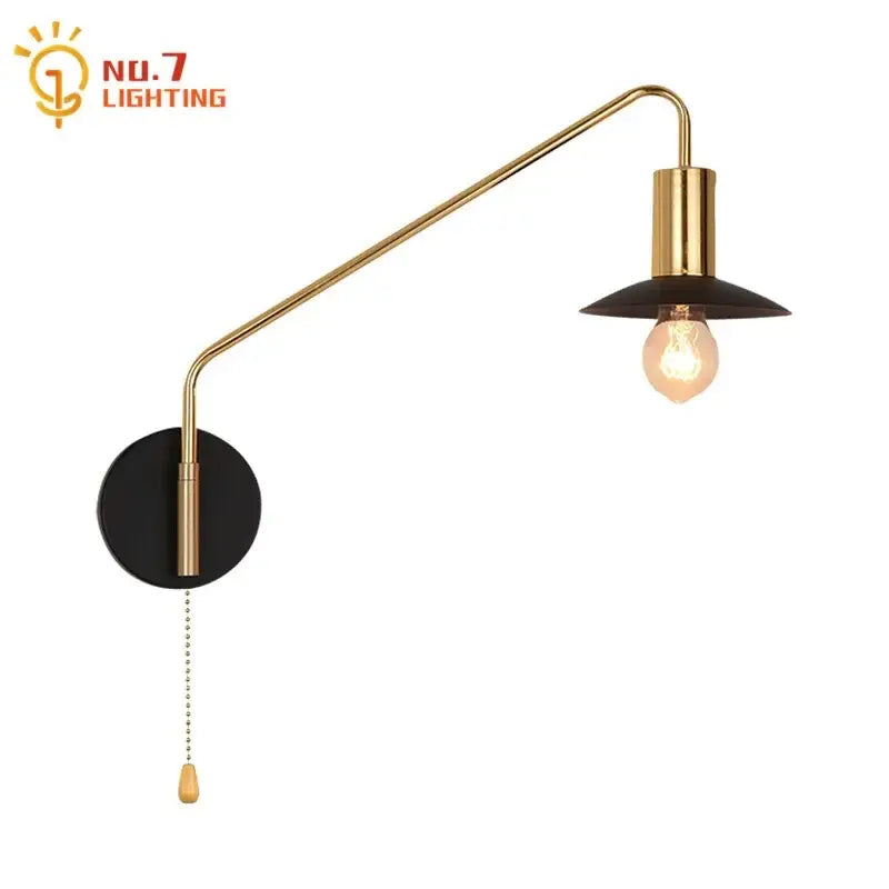 Luxury black gold swing arm wall lamp with brass finish, black circular base and shade, featuring exposed bulb for reading light