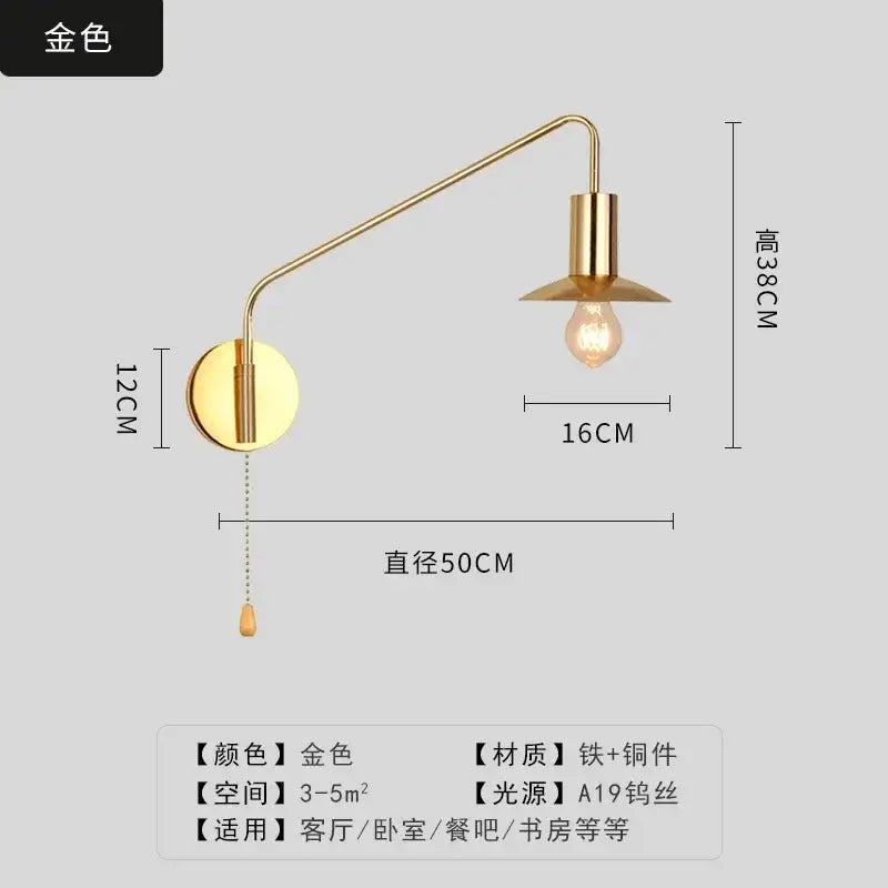 Gold-colored wall lamp with curved swing arm from decorbites black gold for luxury bedroom reading light decor