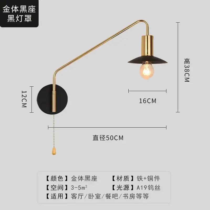 Luxury black gold swing arm wall lamp with sleek gold metal arm black shade and exposed edison bulb for bedroom reading decorbites