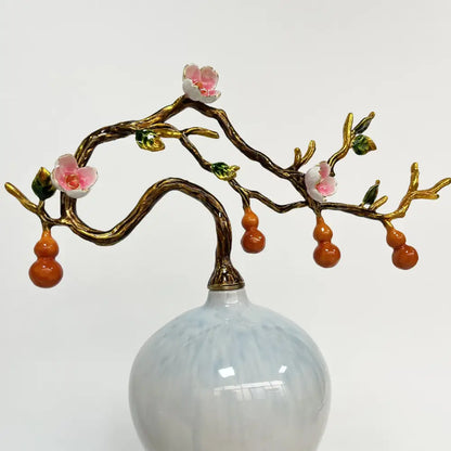 Luxury blue ceramic gourd vase with gold-toned branch ornament for elegant home office decoration and office use