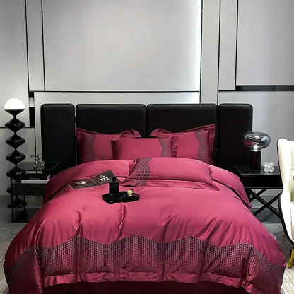 Luxury rich magenta satin bedding set with textured border and matching pillows featuring decorbites 1000tc cotton embroidery
