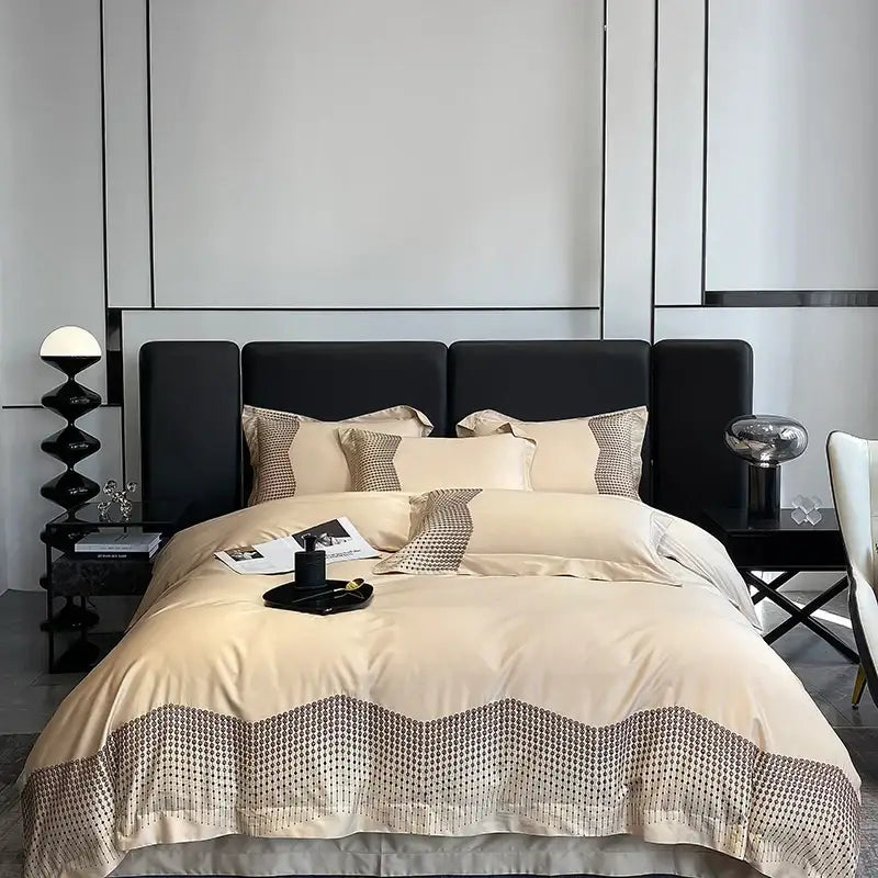 Beige satin duvet cover set with geometric border and matching pillowcases in decorbites 1000tc cotton embroidery bedding set
