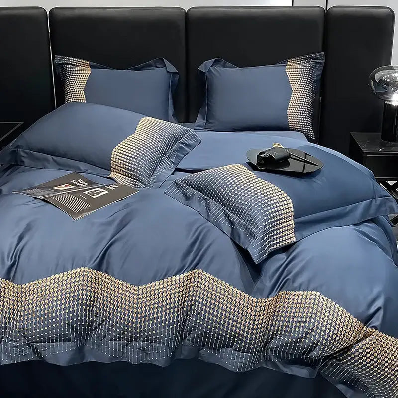 Luxury blue and champagne 1000tc cotton embroidery bedding set with blue satin duvet and gold geometric accents