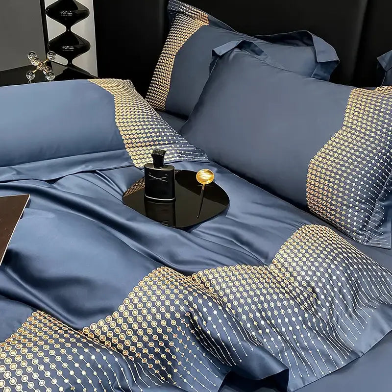 Luxurious navy blue satin bedding set with gold geometric 1000tc cotton embroidery for elegant bedroom decorbites use
