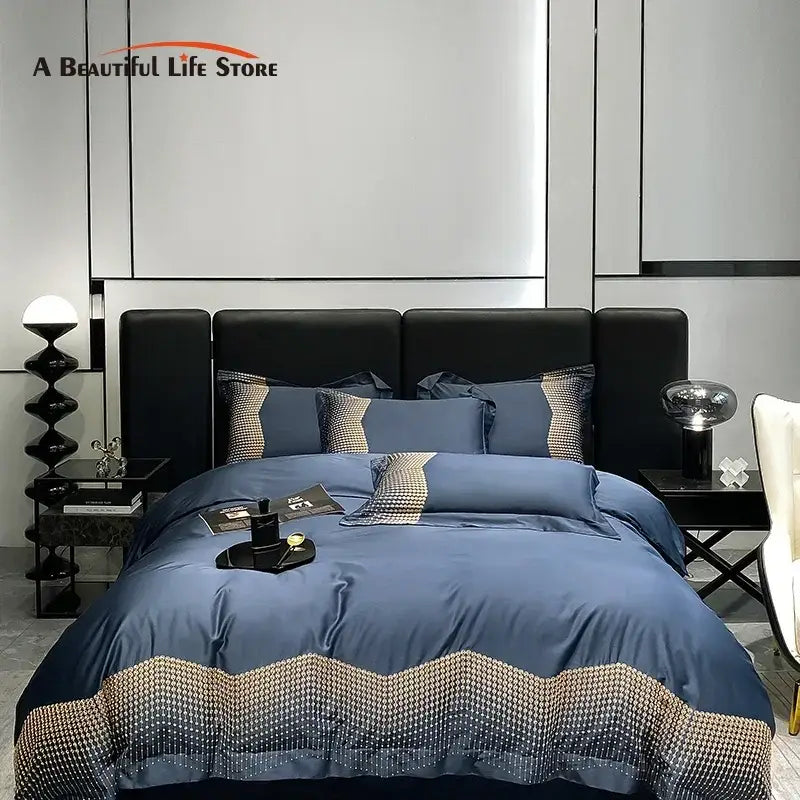 Luxury blue satin duvet cover with houndstooth border from decorbites 1000tc cotton embroidery bedding set