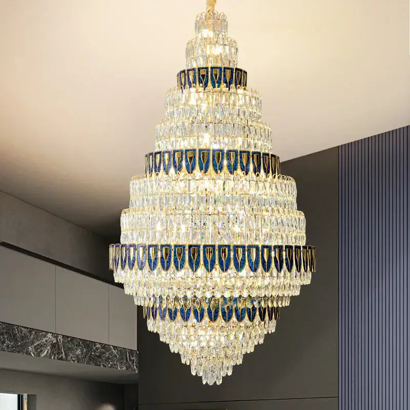 Luxury blue and clear crystal headlight chandelier with cascading crystals and blue-gold accents for villa dining room decorbites crystal headlight