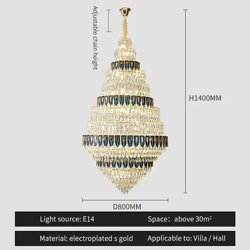 A luxurious gold electroplated decorbites crystal headlight chandelier with clear crystals and blue stones for villa dining rooms