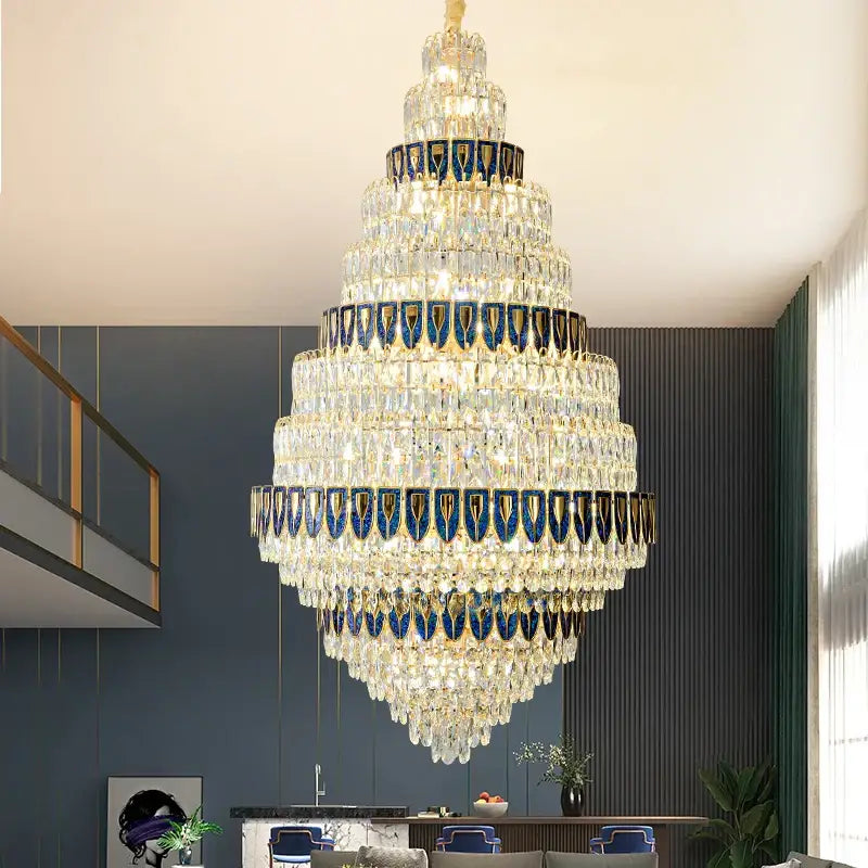 Luxury blue and clear crystal headlight chandelier with cascading glass accents from decorbites crystal for villa dining room decor